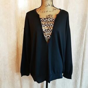 BiBi Long Sleeve Jersey Knit Top Black, Leopard Trim V-neck Size M - NWT